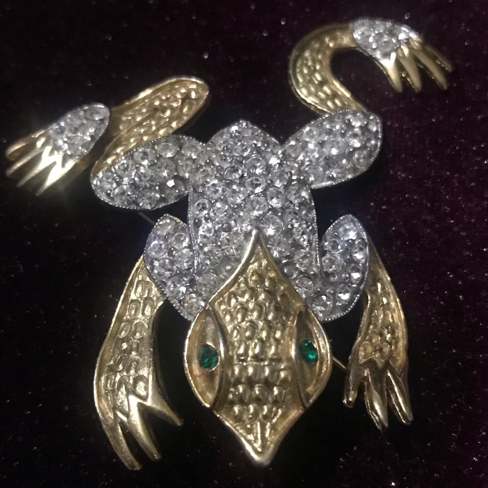 Brush Gold & Crystal Frog Brooch with Emerald Eyes